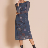 Megan Salmon Floral Mesh Ruched Tee Dress