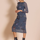 Megan Salmon Floral Mesh Ruched Tee Dress