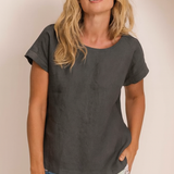 SEE SAW Linen Cap Sleeve Button Back Top