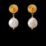 ELFY Gold Scroll and Pearl Button Earrings