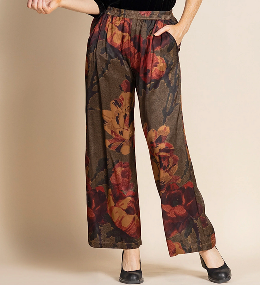 Megan Salmon Damask Roses Loose Wide Leg Pant