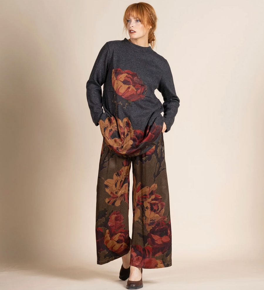 Megan Salmon Damask Roses Loose Wide Leg Pant