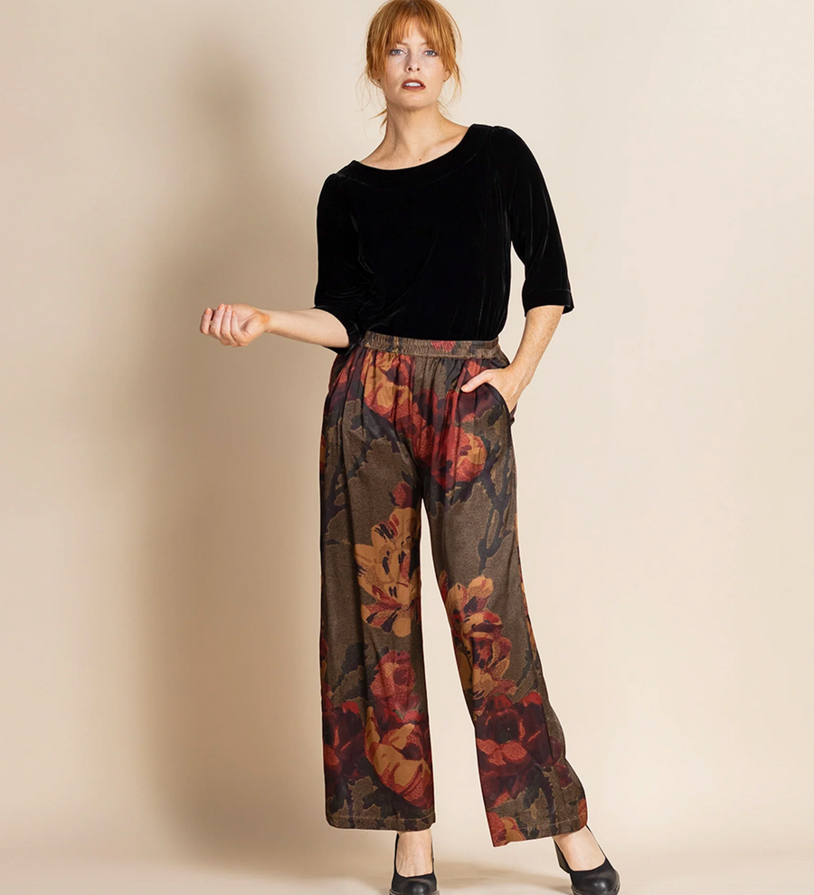 Megan Salmon Damask Roses Loose Wide Leg Pant