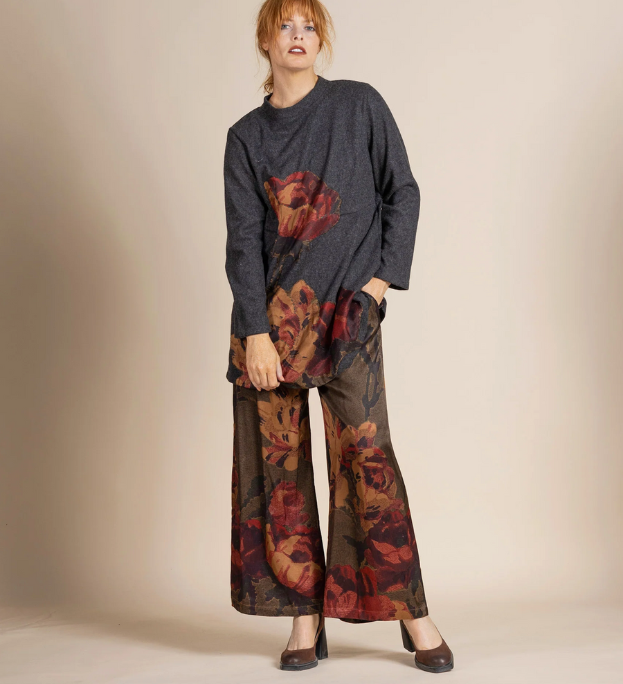 Megan Salmon Damask Roses Loose Wide Leg Pant