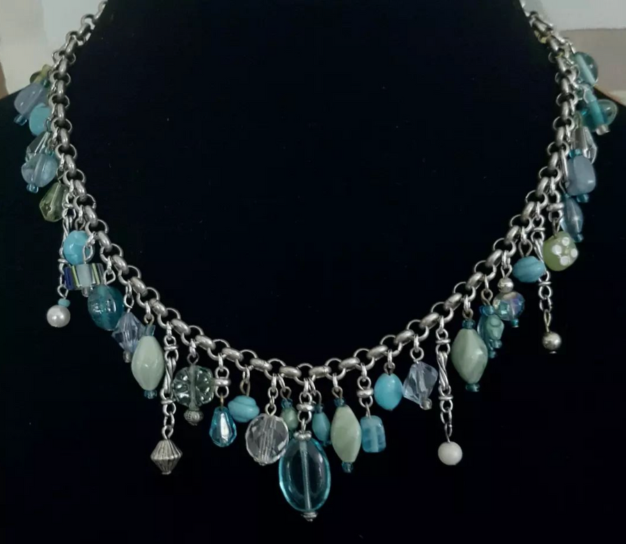 Reconstructed Bling Blue Green Small Bead Necklace