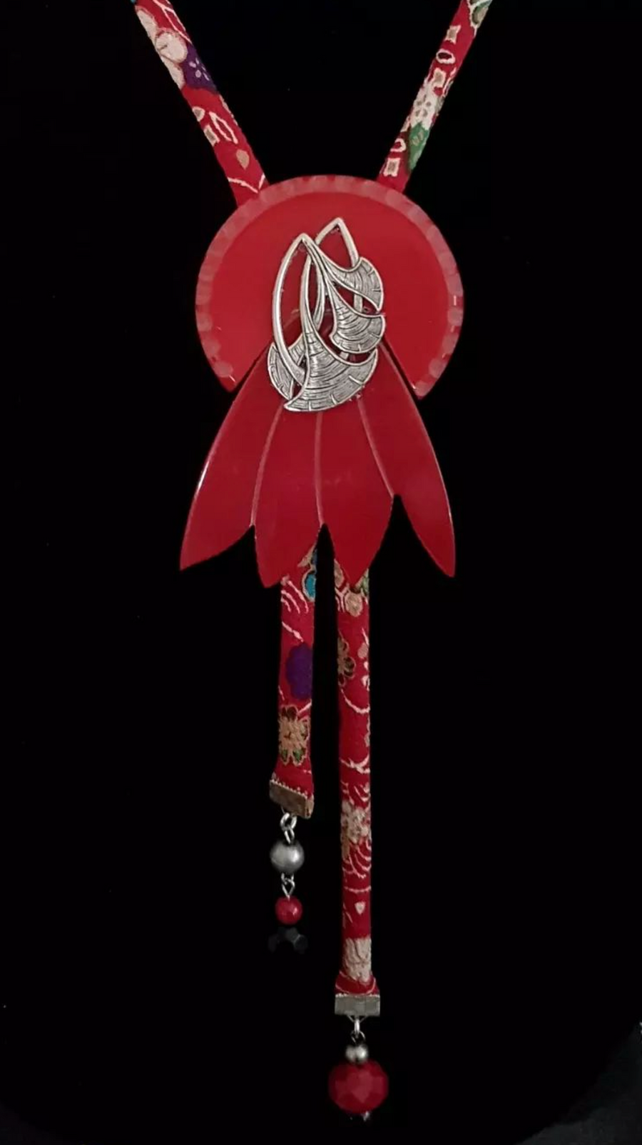 Reconstructed Bling Red Bolo Tie Necklace