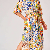 Le Strada Gathered Collar Majolica Print Dress