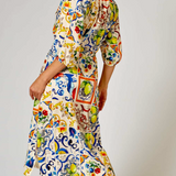 Le Strada Gathered Collar Majolica Print Dress