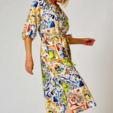 Le Strada Gathered Collar Majolica Print Dress